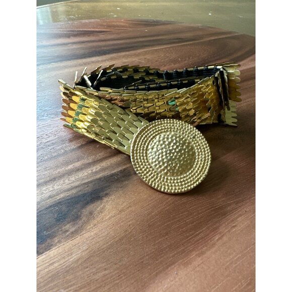 Vintage Gold Stretch Metal Belt Circle Buckle Retro Glam - Picture 1 of 8